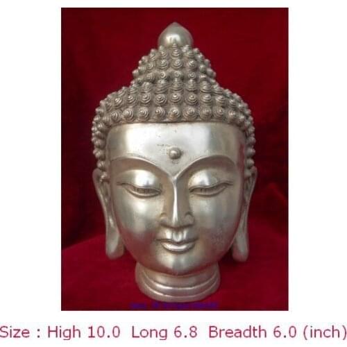 Copper H 250MM Decorated Tibet Tibetan Silver Buddhism Shakyamuni Buddha Head Bust Statue wholesale Decoration real Silver Brass