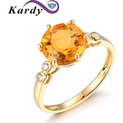 Fashion Natural Citrine Gemstone Wedding Promise Real Diamond Bridal Lovers 14K Solid Yellow Gold Band Ring
