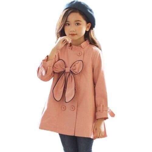 Girl fashion coat jacket Girl solid color cotton jacket Girl bow decoration coat Girl long trench coat