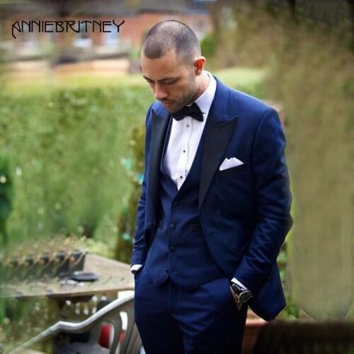 Retro 2018 Summer Mens Suits Wedding Navy Blue Groom Tuxedos Slim Fit Male Blazers Jacket Groomsmen Black Peaked Lapel 3 Pieces