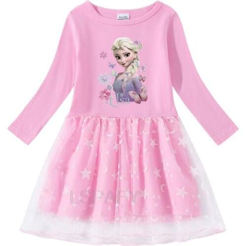 Girls Dress New Autumn Long-Sleeve Mesh Yarn Patchwork Elsa Princess Dress Toddler Frozen Cartoon Kids Clothes