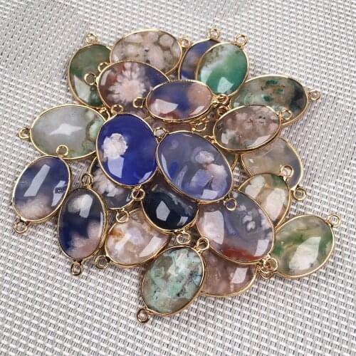 Natural Agates Stone Pendant Connectors Oval Exquisite Cherry Agates Stone Charms for Jewelry Making Necklace Bracelet Gift