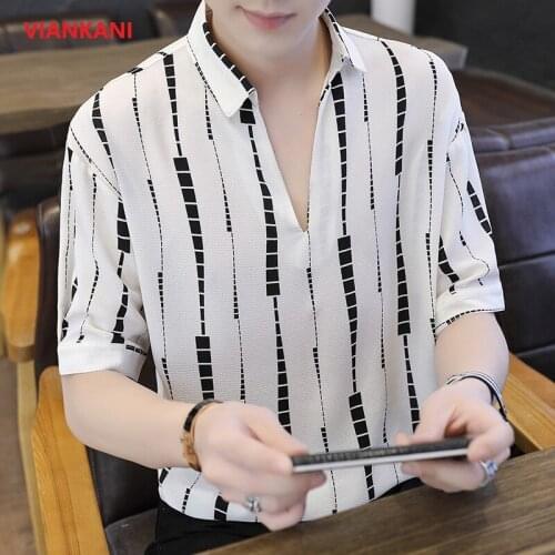 New Hot-Selling Mens Shirt Summer Korean Version Of Wild Ice Silk Half-Sleeved Shirt V-Neck Loose Breathable Street Trend Shirt