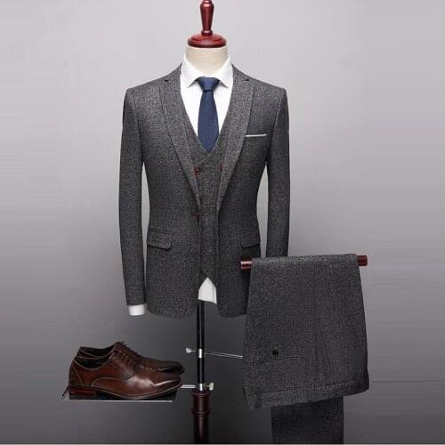 Gray Herringbone Business Men Suits 3 Piece Groomsmen Tuxedo with Notched Lapel Wedding Male Fashon Jacket Vest Pant