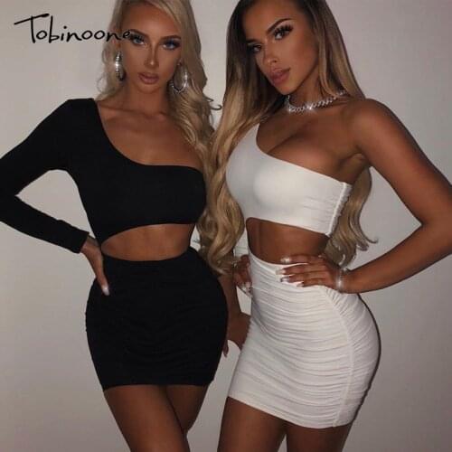 Tobinoone One Shoulder Sexy Bodycon Dress Women Hollow Out Skinny Mini Dress White Black Casual Party Club Dress Vestidos
