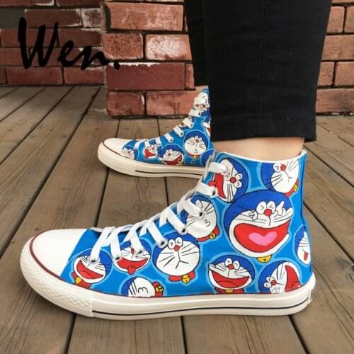 Wen Custom Hand Painted Athletic Sneakers Comic Doraemon Facial Expressions High Top Girls Boyss Outdoor Sports Canvas Shoes