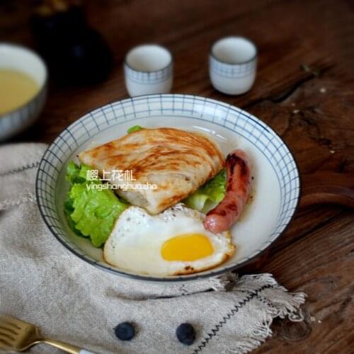 Japanese Style Ceramic Dish Plate Hand Painted Plaid Soup Plate Salad Retro Tableware