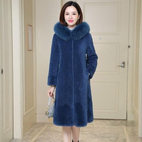 Real Fox fur collar Winter 2021 Womens Sheep Shearing Jacket Mother Plus size Warm Hooded Fur Coat Thick Female Long Overcoat