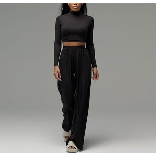 Womens Suits Casual Solid Long Sleeve Slim Crop Top Female High Waist Wide Leg Pant Set Woman 2 Pieces 2021 Autumn Fashion Sets