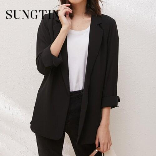 Sungtin Black Three Quarter Office Lady Blazer Women 3 Colors Casual Loose Purple White Blazer Jacket Korean Chic Outwear 2021