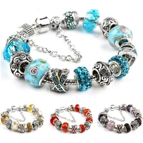 Dorp shipping European Style Women Magic Bracelet-Crystal Charm Chain &Murano Glass Bead Of Bead Bracelets Girl Fashion Jewelry
