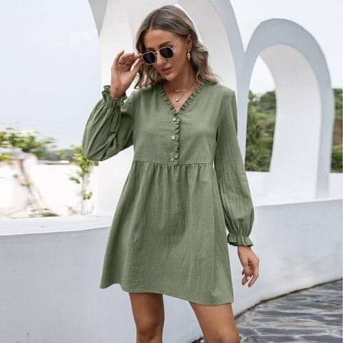 Elegant V-neck Edible Tree Fungus Button Dress Women Spring Autumn New Long Sleeve Solid Casual High Waist Loose Pink Vestidos