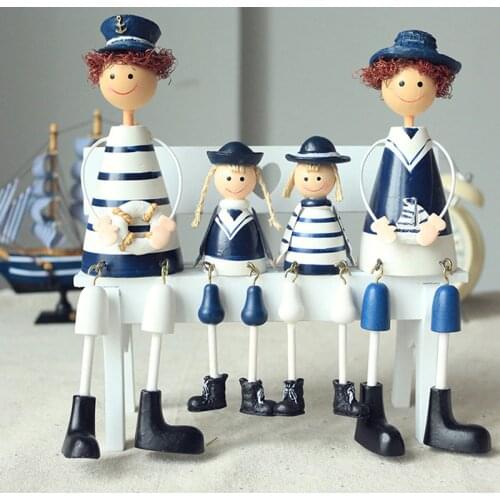 2 pair Nautical Wood Sailor Dolls Handicraft Blue White Navy Sitting Craft Hawaii Sea Beach Dolls For Art Home Decoration