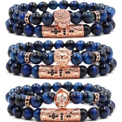 2/Set 8mm Classic Micro Inset Zircon Curved Tube Skull Natural Stone Elastic Women Charm Beads Bracelet Women Bangle Jewelry