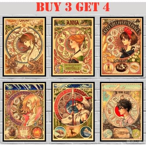 Hayao Miyazaki Anime Role Kraft paper Poster Mucha Style Painting Abstract Funny Fancy Wall Sticker 42X30cm