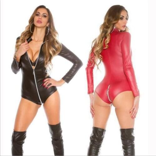 Black/Red PU Leather Bodysuit Women Jumpsuit Catsuit Long Sleeve Zipper Sexy Overalls Rompers Outfits Clubwear Costume M XL 2XL