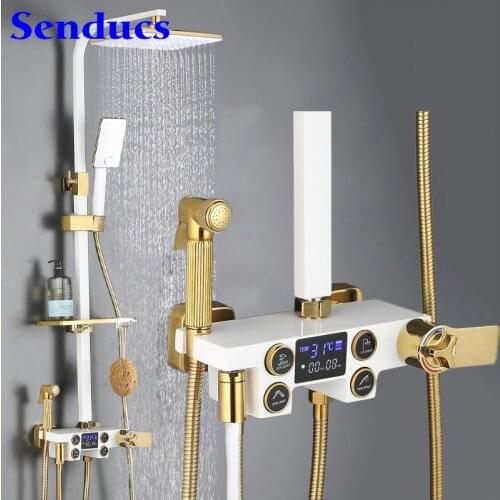 Digital Shower Set Senducs White Gold Bathroom Shower Mixer Faucet White Gold Thermostatic Shower System Digital Shower Faucets