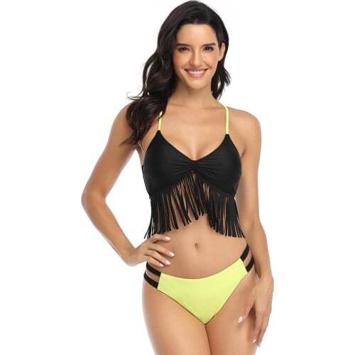 Summer Sexy Low Waist Bikini Set Solid Swimwear Women Tassels Vintage Retro String Bikini for girls Swimsuit Bathing Suit Swim