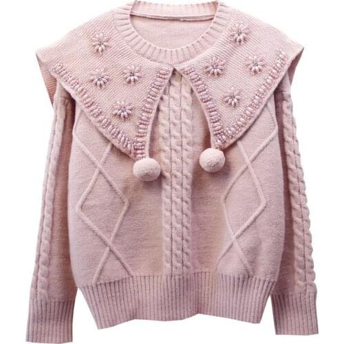 Fashion Big Turn-Down Collar Beaded Sweater Women Autumn Winter Thicken Pullover Student Top Long Sleeve Knit Bottoming KW376