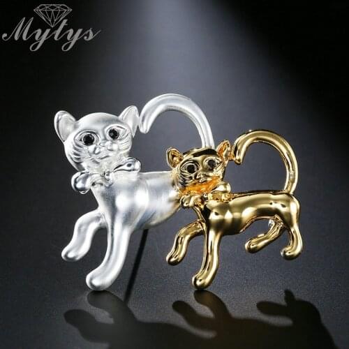 Mytys Silver and Yellow Gold Color Double Cats Brooches Lovely Animal Brooch Pins for Girls and Women Dress Clothing Pins X304