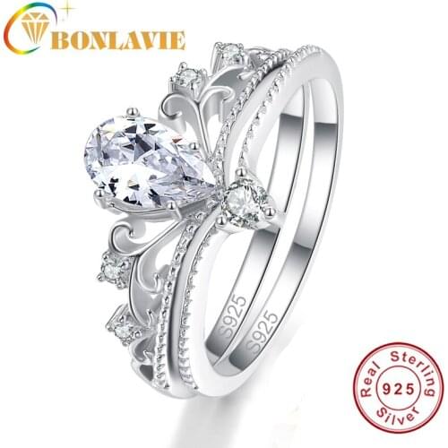 BONLAVIE 2 Pcs 8*7mm Water Drop Crystal Crown Type Ring Set Pure 925 Sterling Silver Classic Ring Fine Jewelry Women Party Gift