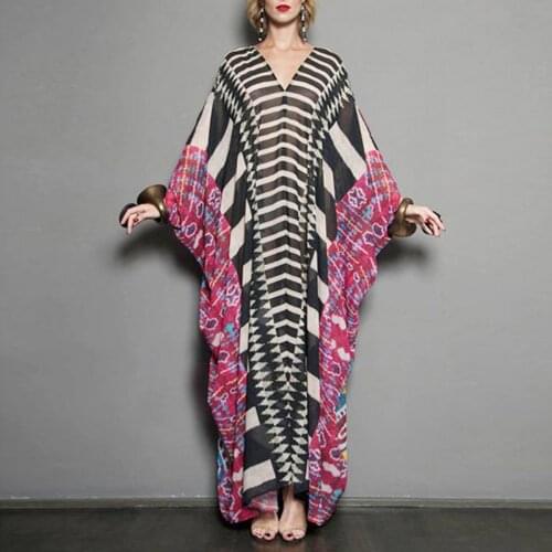 Bikini Cover-up Long Dress Print Striped Batwing Sleeve Bohemian Dress Pareos Beach Cover up Sarong Robe de Plage 2021 Beachwear