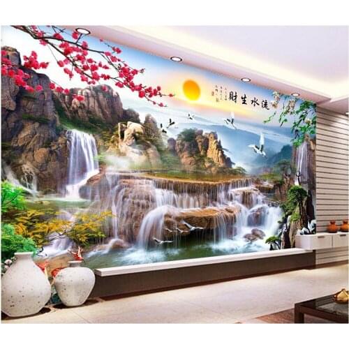 Custom mural 3d wallpaper sun mountain flowing water living room home decor painting 3d wall murals wallpaper for walls 3 d
