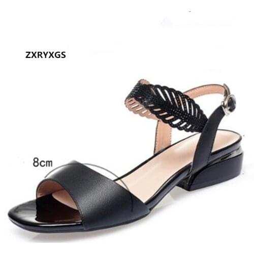 Hot 2020 New Open Toe Summer Sandals Simple Fashion Sandals Womens Shoes Thick Heel Sandals Genuine Leather Large Size Sandals