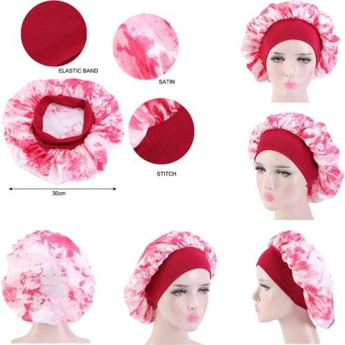 New Tie-Dyed Elastic Hair Cap For Sleeping Wide-Brimmed Satin Hat Night Home Haircaring Turban Round Bonnet Beauty Makeup
