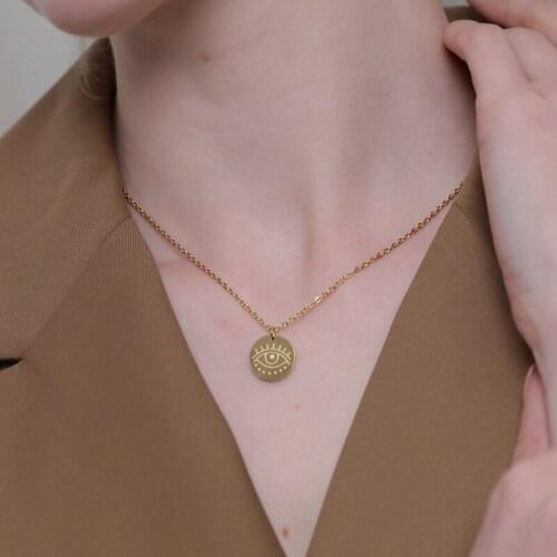 Trendy Round Eye Gold Pendant Necklace Simple Stainless Steel Metal Jewelry Statement Chain Necklace for Women Gift New