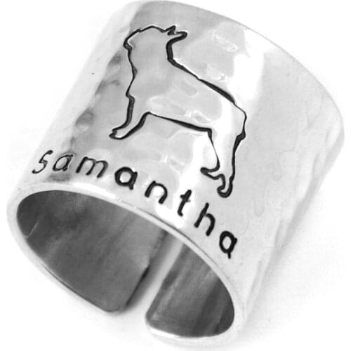 Personalized Hammered French Bulldog Ring, Custom Dog Adjustable Ring, Engraved Hand Stamped Cute Dog Ring Wide Band Ring