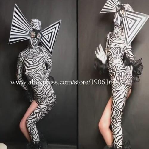 Sexy Lady Zebra Jumpsuit With Headdress Nightclub Party Celebrate Singer DJ DS Gogo Performance Cosplay Role Ballroom Costume