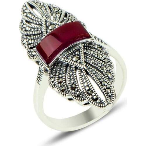 Silverlina Silver Marcasite & Agate Stone Ring
