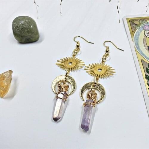 Aura Quartz Crystal Celestial Evil Eye Witchy Earrings, Gold Moon Earrings, Rainbow Quartz Jewelry, Crystal Moon Witch Gift