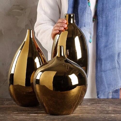 Modern Electroplating Golden Ceramic Vase Flower Arrangement Container Desktop Decoration Luxury Hydroponic Vase Home Decoration