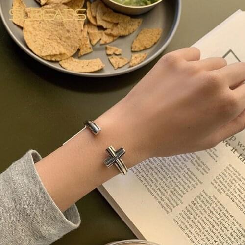 Subeads 925 Sterling Silver Religious Cross Open Bangle For Women Girls Adjustable Elbow Bracelet Fine Jewelry