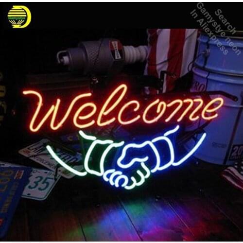 Welcome hand by hand Neon Sign Lamp with metal frame GLASS Tube Handcraft Room Light Signs advertise lamp neon