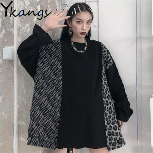 Leopard Print Stitching Loose Plus Velvet Crew Neck Pullover Korean Style All-match Black Warm Womens Blouse Ladies Sports Tops