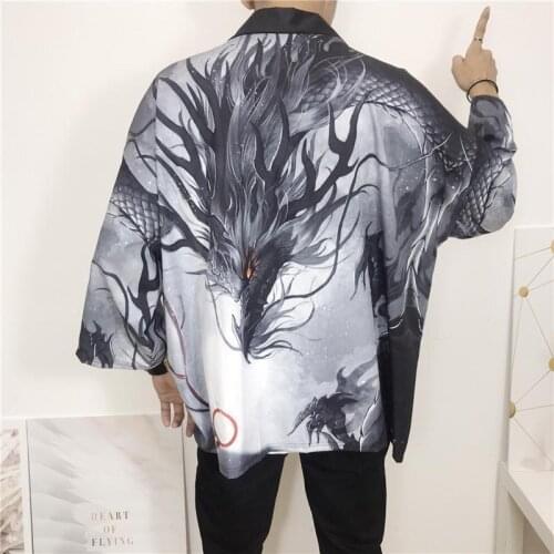 Streetwear Crane Kimono Cardigan Shirts Men and Women Loose Couple Japanese Dragon Print Pattern Robe Coat Thin Summer Blouse