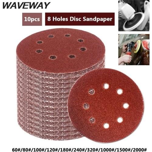 WAVEWAY 10pcs 5 Inch 125mm Round Sandpaper Eight Hole Disk Sand Sheets Grit 60-2000 Hook and Loop Sanding Disc Polish