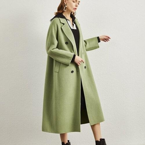 Avocado green double-sided woolen coat womens mid-length 2021 new high-end loose zero cashmere woolen coat