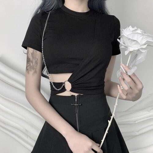 Y2K Women Gothic Black T-Shirt Sexy Slim Tees Streetwear Harajuku Punk Sexy Hollow Out Tops For Cool Girls Summer Fashion