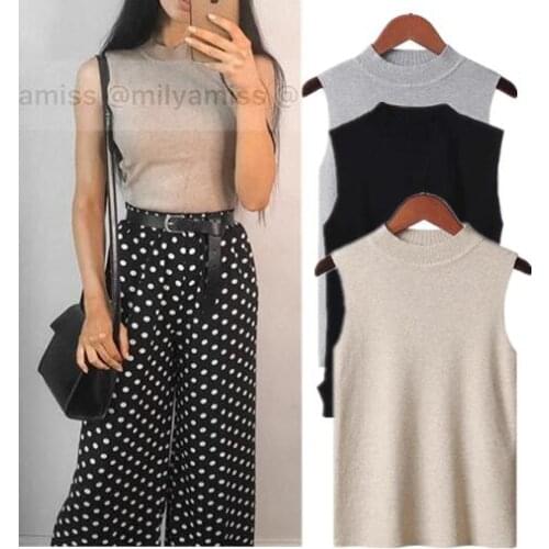 Korea Knitted Tanks 2019 Summer Tops Slim Solid Color Tank Office Ladies Tops Yellow White Black Green