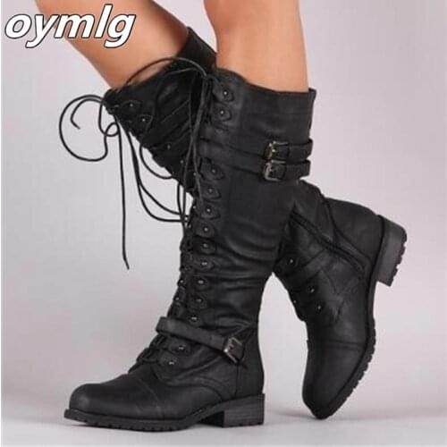 Knee High Women Boots Autumn woman shoes Winter Lace Up Vintage Flat Shoes Sexy Steampunk Leather Retro Buckle Ladies Snow Boots