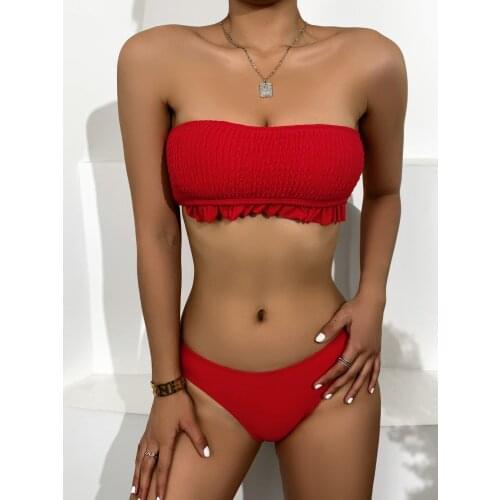 Women Swimsuit Ruffle Bikini Set Patchwork Flouncing Off-Shoulder Sleeveless Push Up Low Waist Briefs No Shoulder Strap