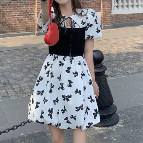 Summer dress 2021 new French chiffon waist bow print puff sleeve female vestido midi elegante harujuku dress