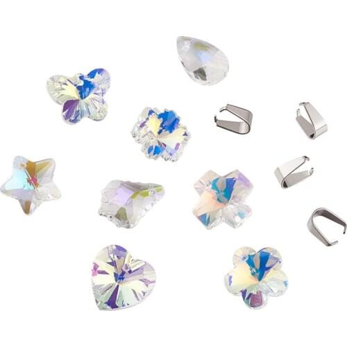 1 Box Glass Pendants jewelry DIY making, with 304 Stainless Steel Snap on Bails, AB Color, Mixed Shapes, Mixed Color F50