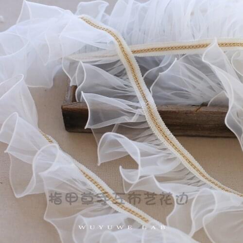 1M White Organza Pleated Lace Trims Ribbon Fabric Applique Fold Ruffle Dresses Golden Metal Chain DIY Sewing Supplies Craft 11cm