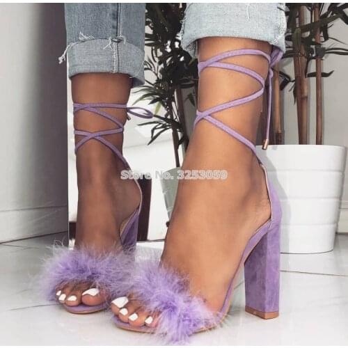 ALMUDENA Young Girls Princess Style Fur Sandals Clear Lucite Chunky Heel Dress Shoes Sweet Wedding Shoes Gladiator Sandals