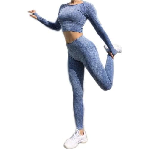 Seamless 2 Pcs Set Women Sport Suit Gym Workout Clothes Long Sleeve Fitness Crop Top And Scrunch Butt Yoga Leggings Yoga Set